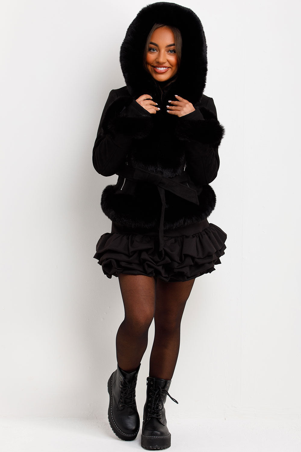 Faux Fur Faux Suede Jacket with Belt Black | Xtralitty