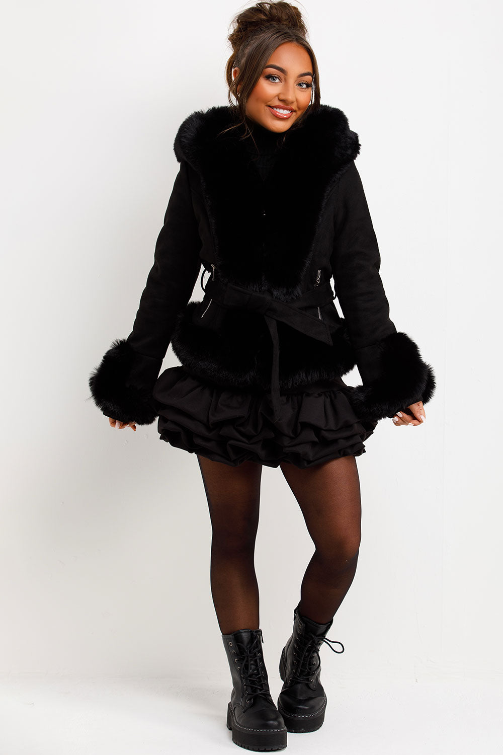 Faux Fur Faux Suede Jacket with Belt Black | Xtralitty