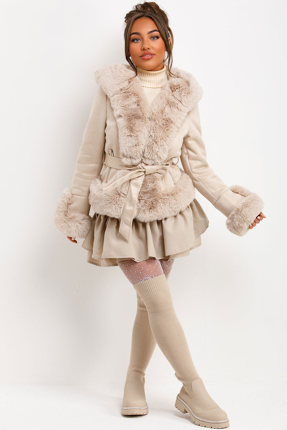 Faux Fur Faux Suede Jacket with Belt Beige | Xtralitty