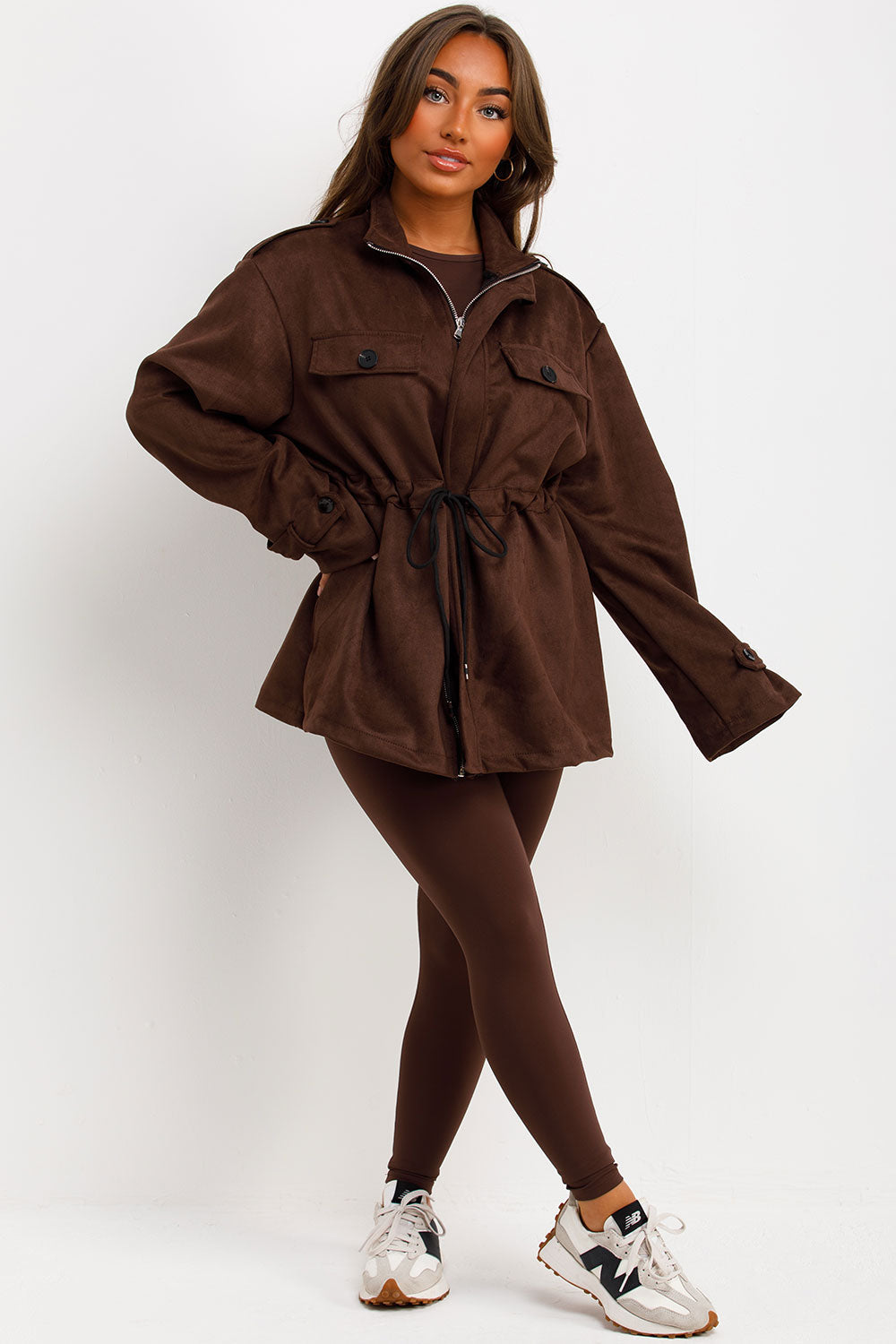 Faux Suede Jacket with Drawstring Waist Brown | Xtralitty