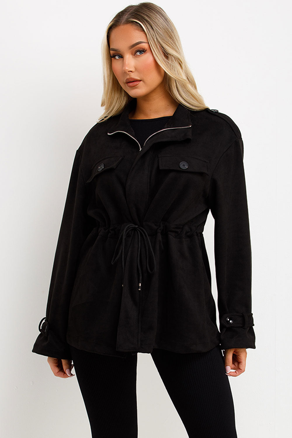Faux Suede Jacket with Drawstring Waist Black | Xtralitty
