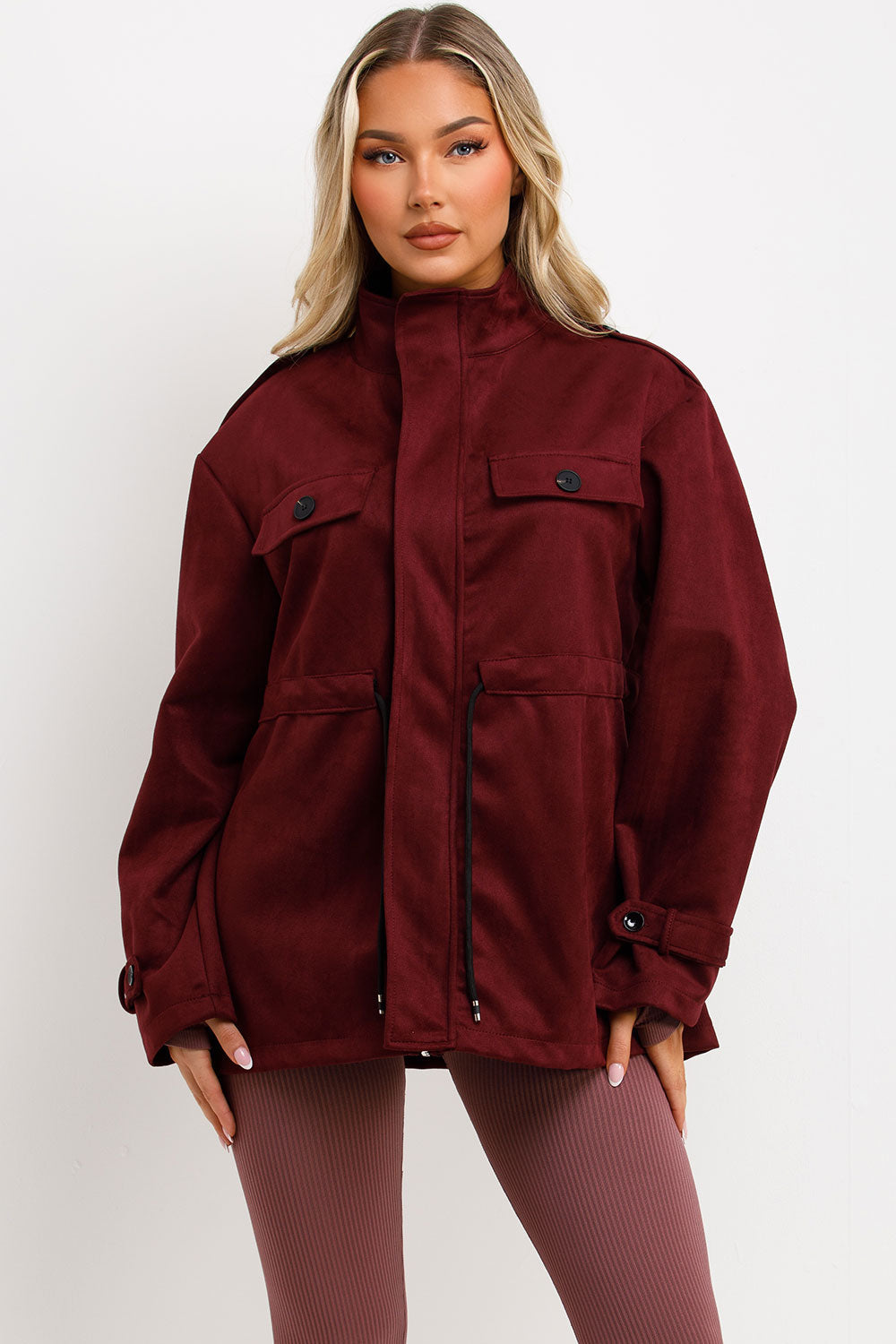 Faux Suede Jacket with Drawstring Waist Burgundy | Xtralitty