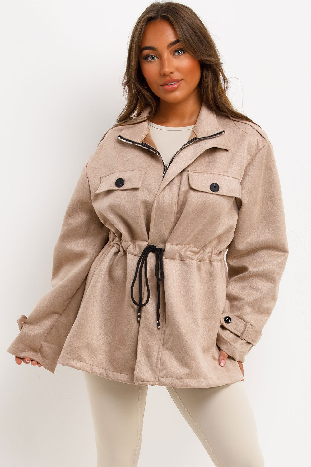 Faux Suede Jacket with Drawstring Waist Beige | Xtralitty