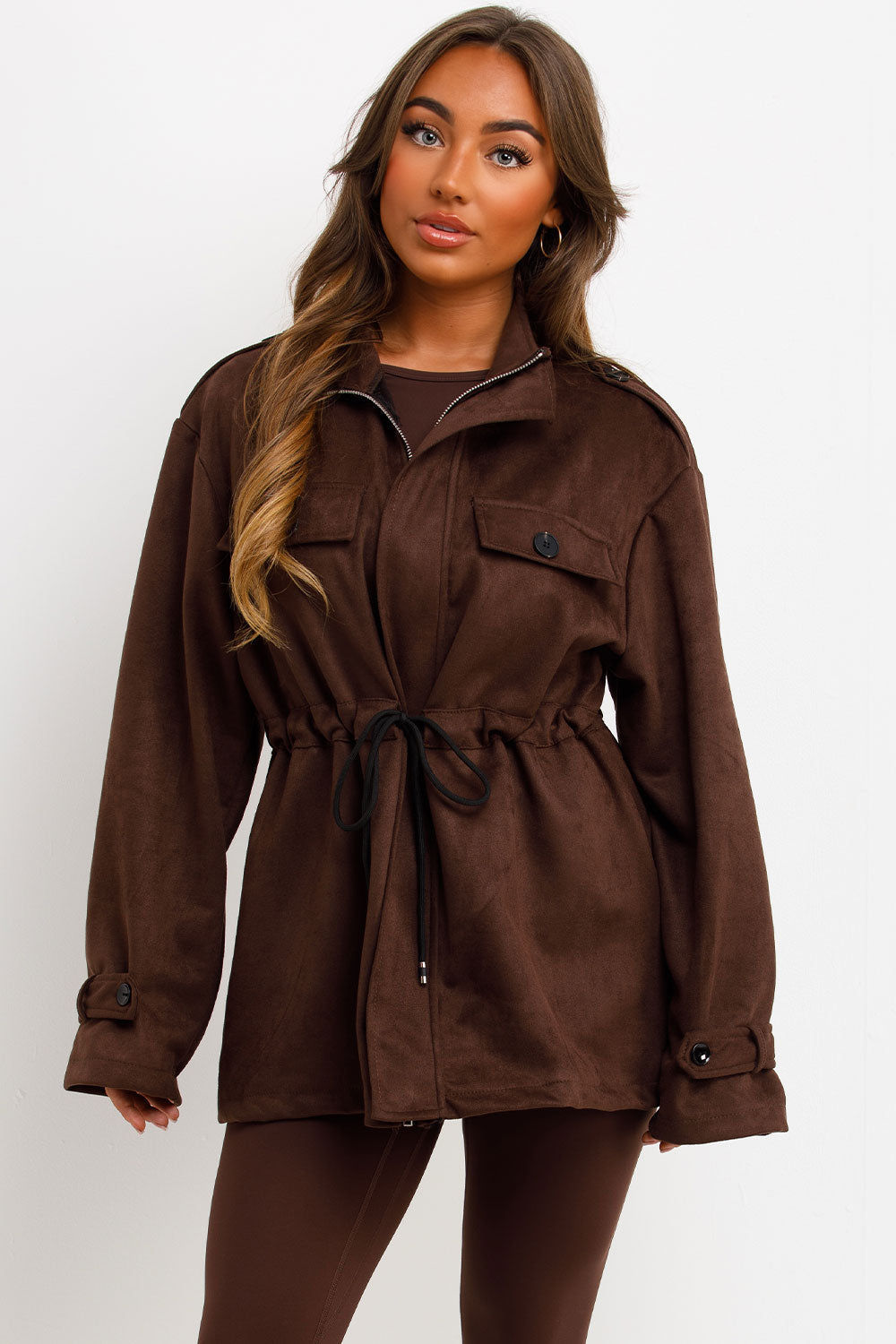 Faux Suede Jacket with Drawstring Waist Brown | Xtralitty