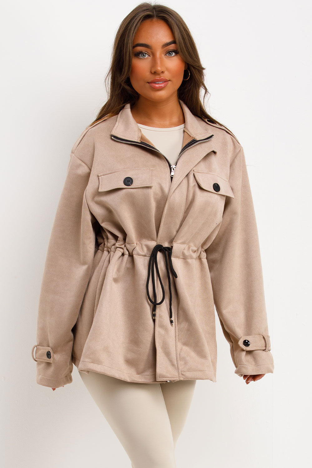 Faux Suede Jacket with Drawstring Waist Beige | Xtralitty