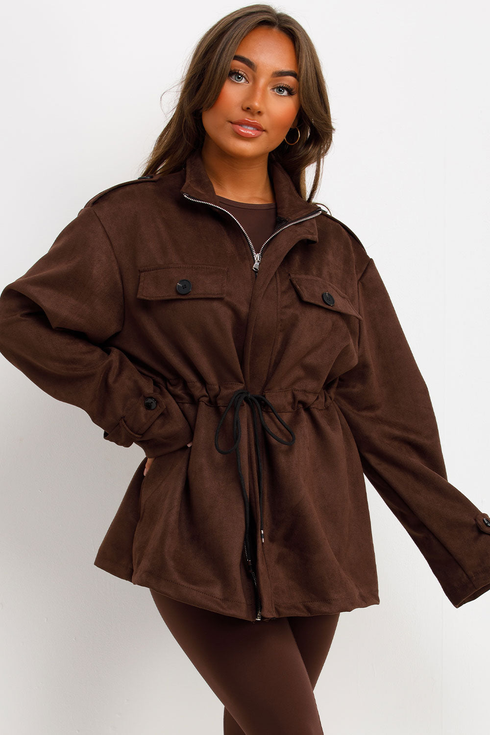 Faux Suede Jacket with Drawstring Waist Brown | Xtralitty