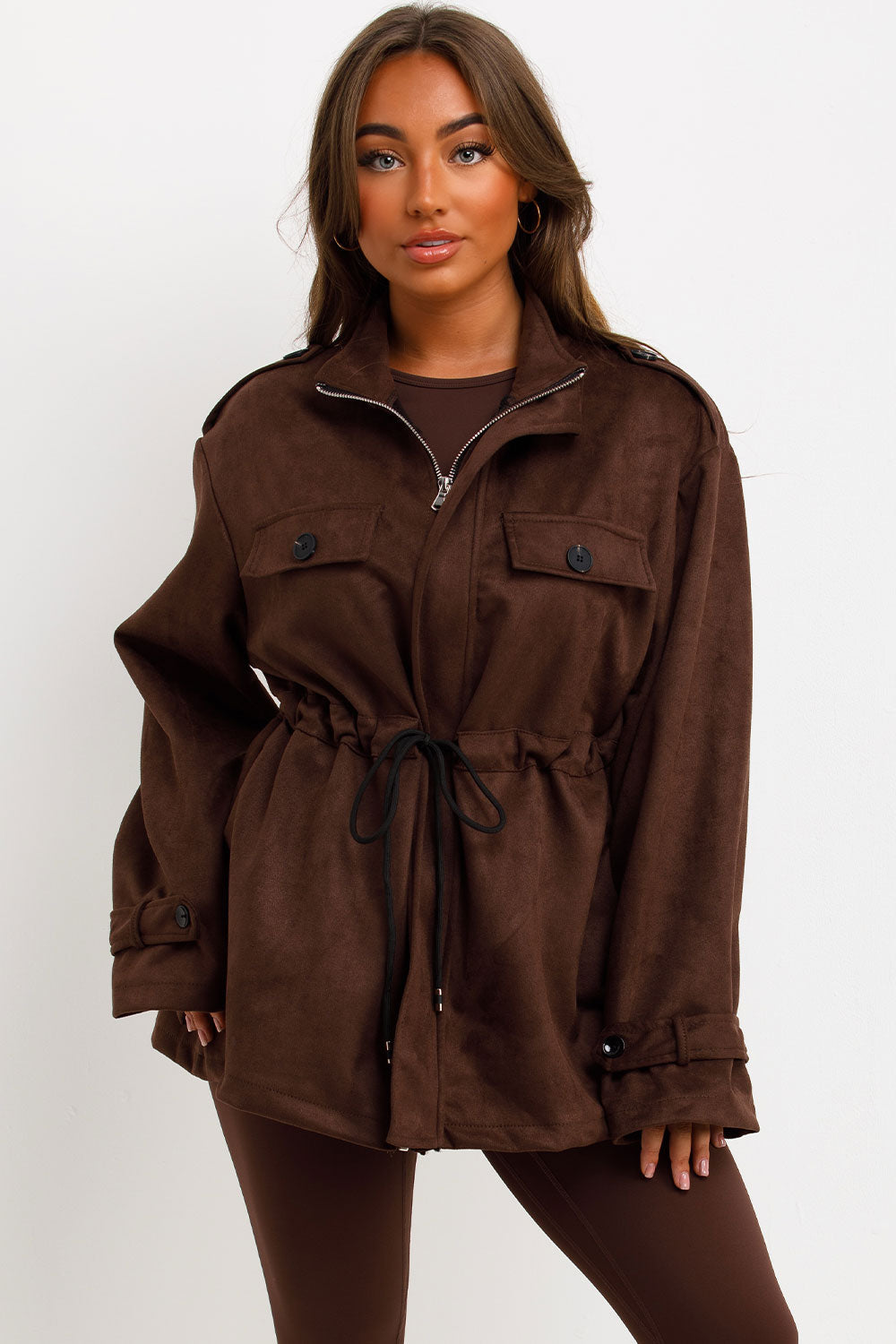 Faux Suede Jacket with Drawstring Waist Brown | Xtralitty