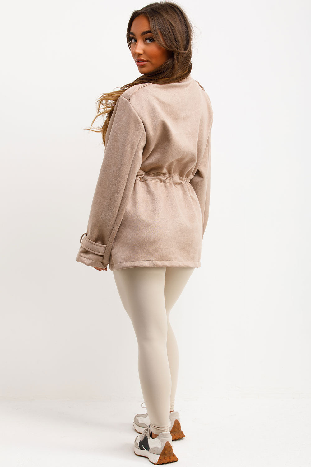 Faux Suede Jacket with Drawstring Waist Beige | Xtralitty