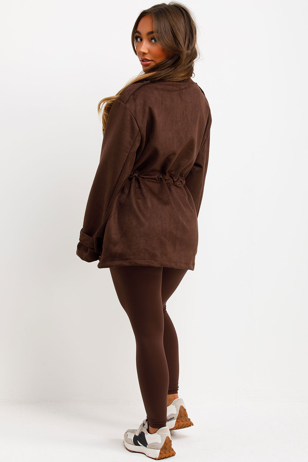 Faux Suede Jacket with Drawstring Waist Brown | Xtralitty