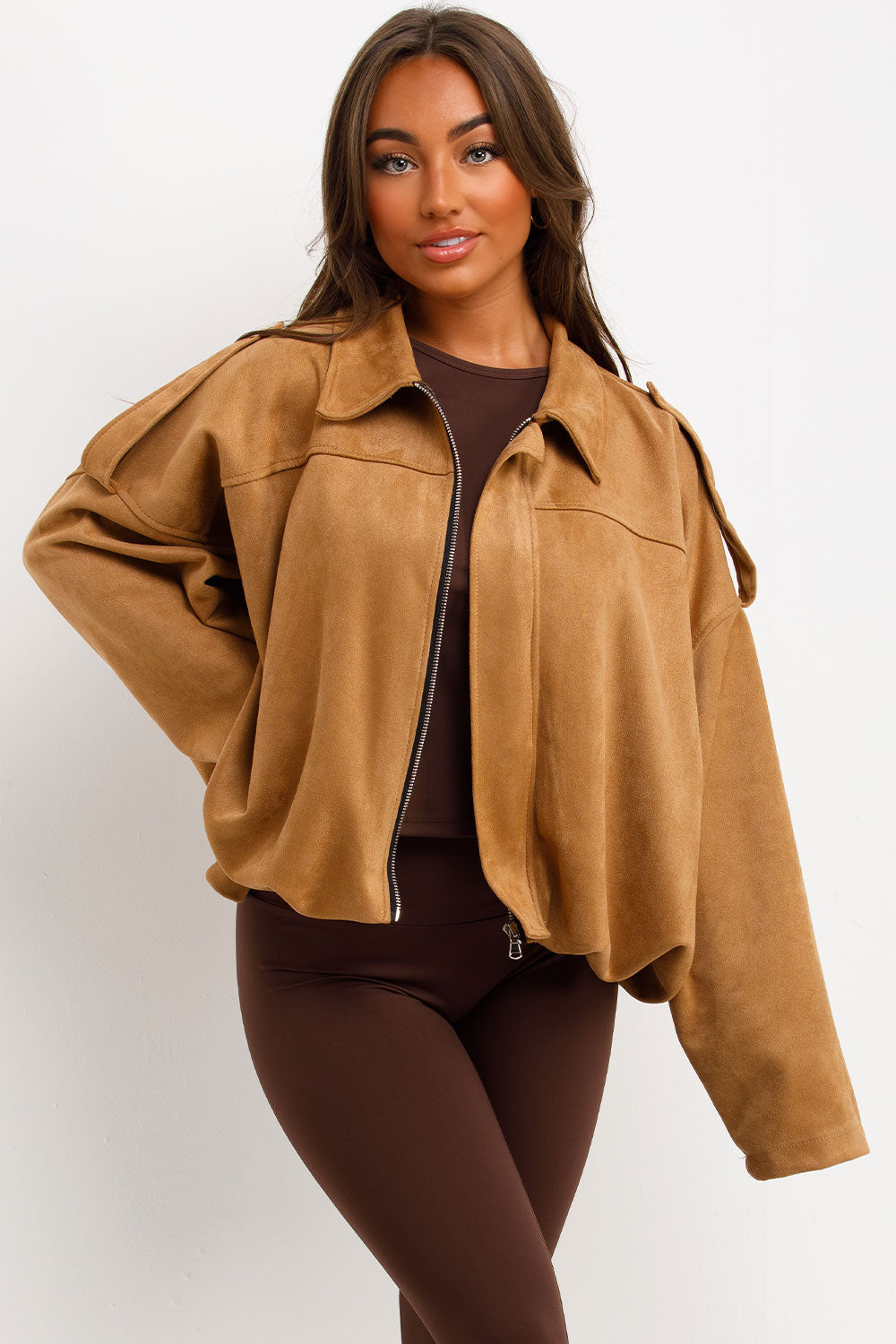Faux Suede Bomber Jacket with Tabs Taupe | Xtralitty
