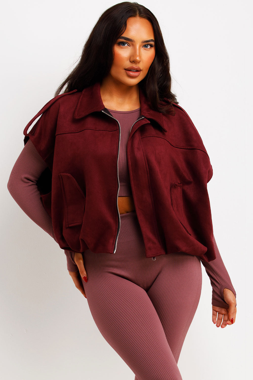 Faux Suede Crop Gilet with Tabs Burgundy | Xtralitty
