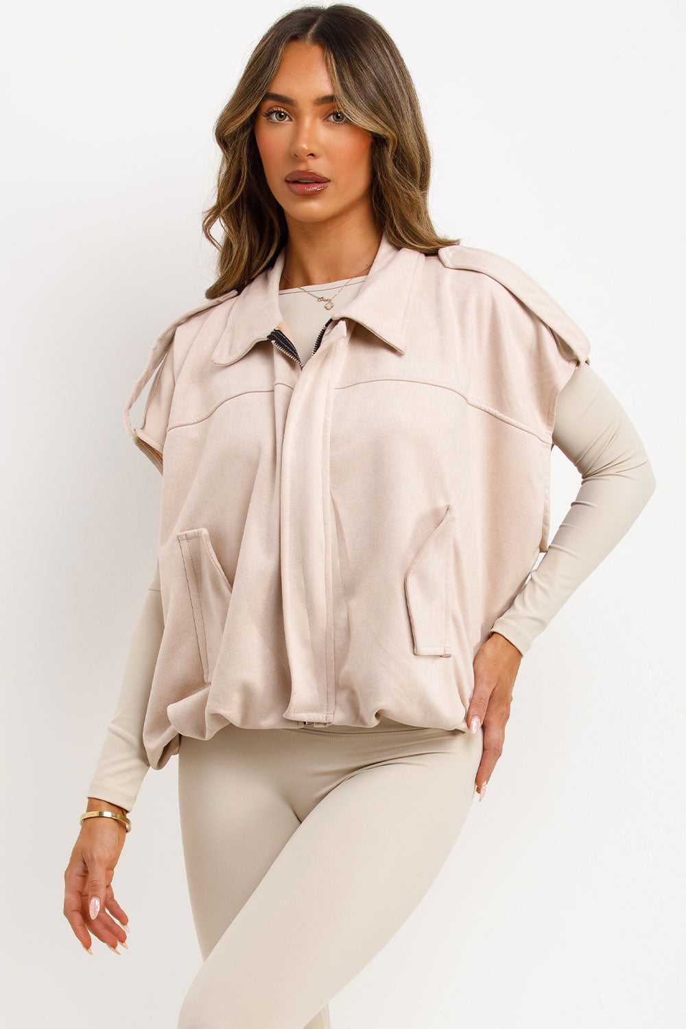 Faux Suede Crop Gilet with Tabs Beige | Xtralitty