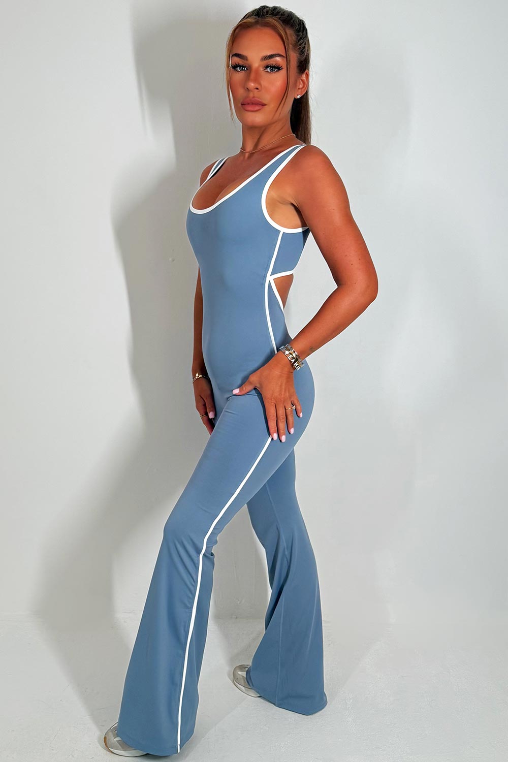 Skinny Flare Leg Jumpsuit with Open Back Grey | Xtralitty