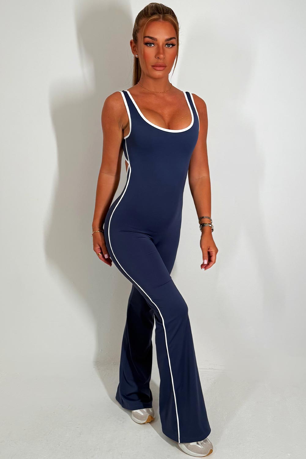 Skinny Flare Leg Jumpsuit with Open Back Navy | Xtralitty