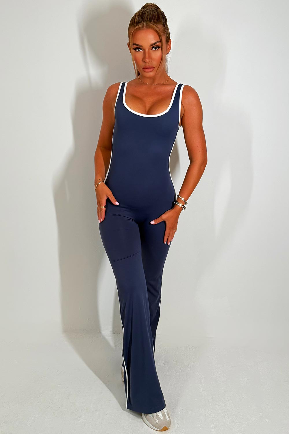 Skinny Flare Leg Jumpsuit with Open Back Navy | Xtralitty