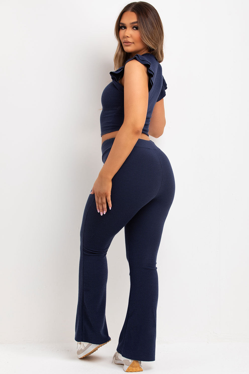 Frill Shoulder Top and Skinny Flare Trouser Set | Xtralitty