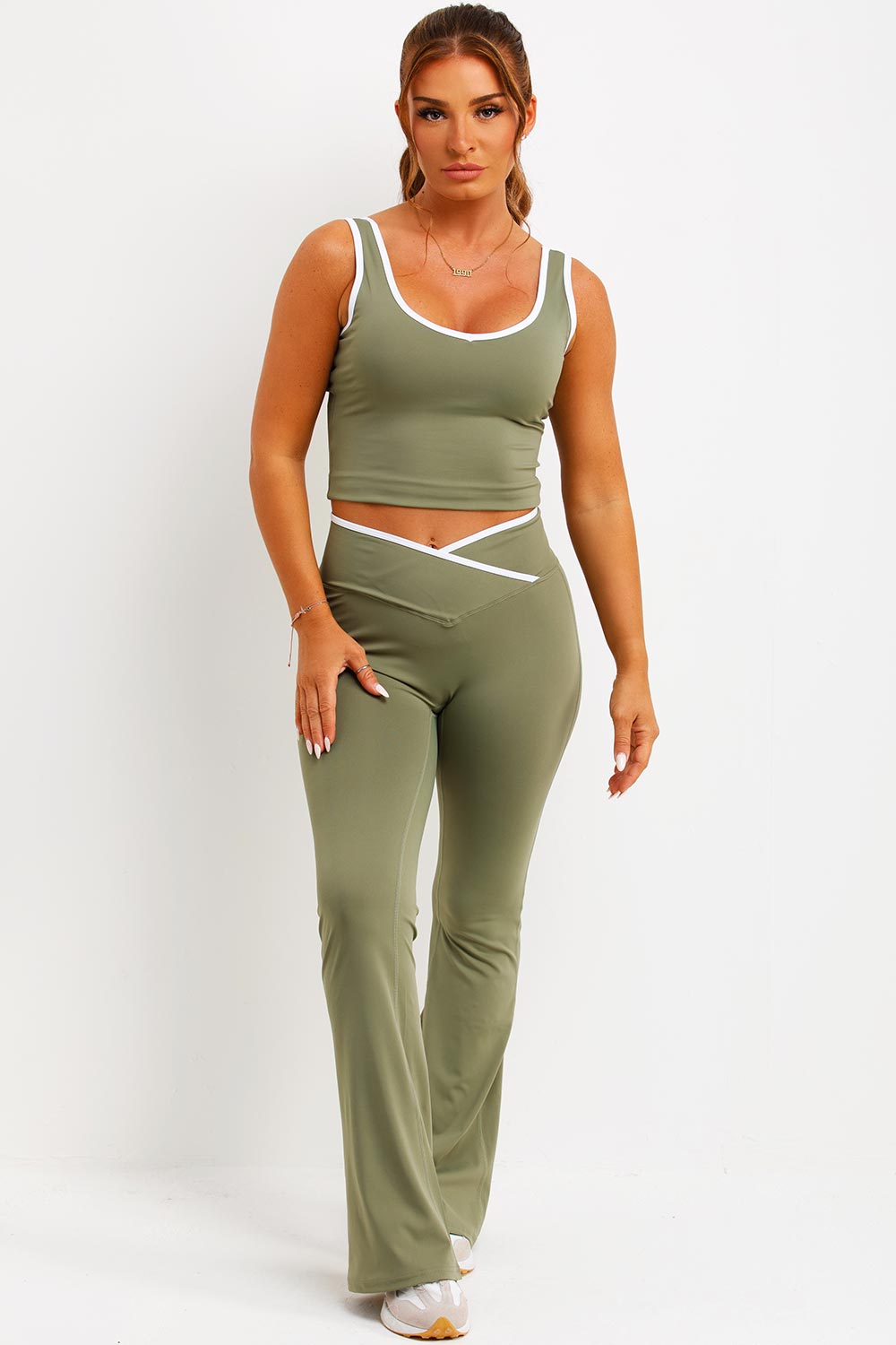 Flare Yoga Pants and Top Co Ord Lounge Set Khaki | Xtralitty