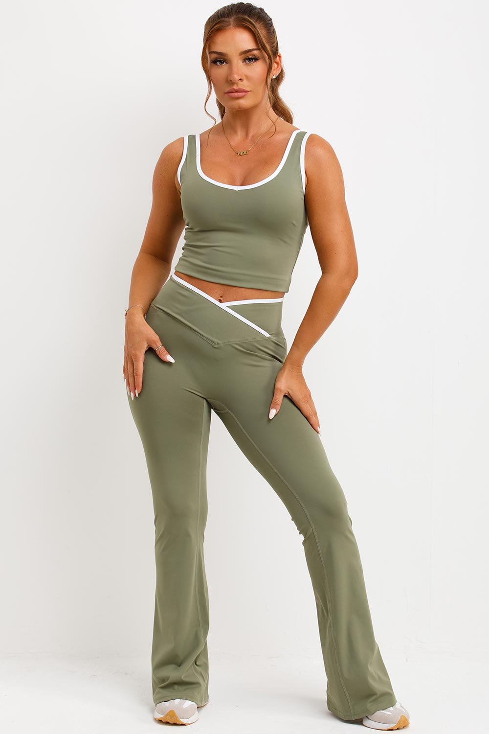 Flare Yoga Pants and Top Co Ord Lounge Set Khaki | Xtralitty
