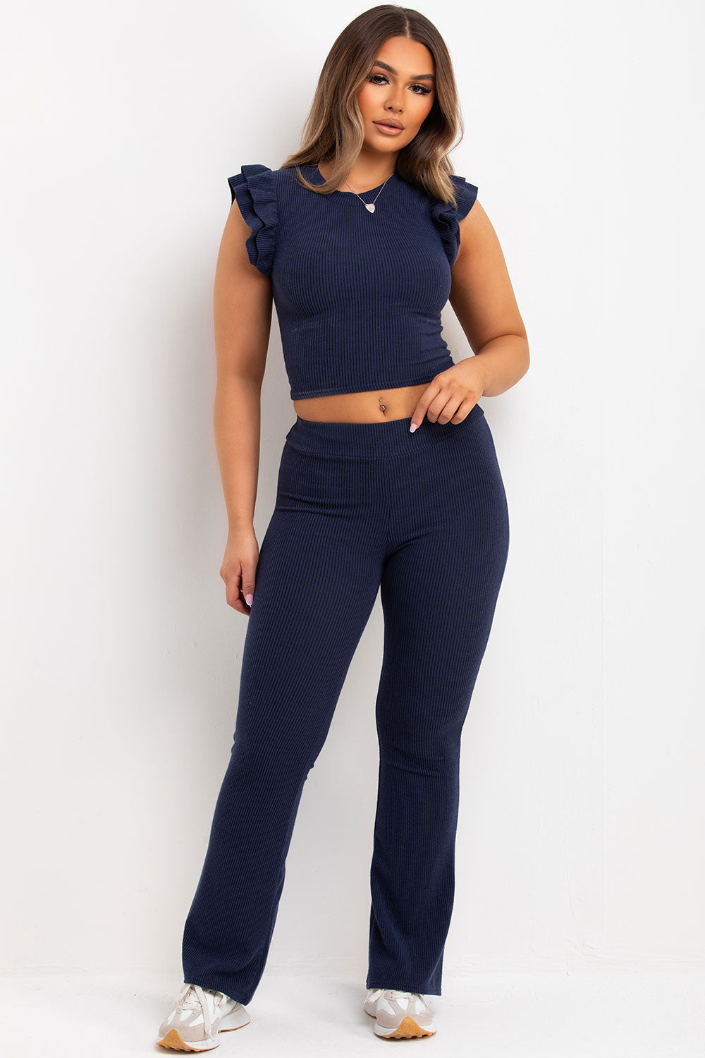 Frill Shoulder Top and Skinny Flare Trouser Set | Xtralitty