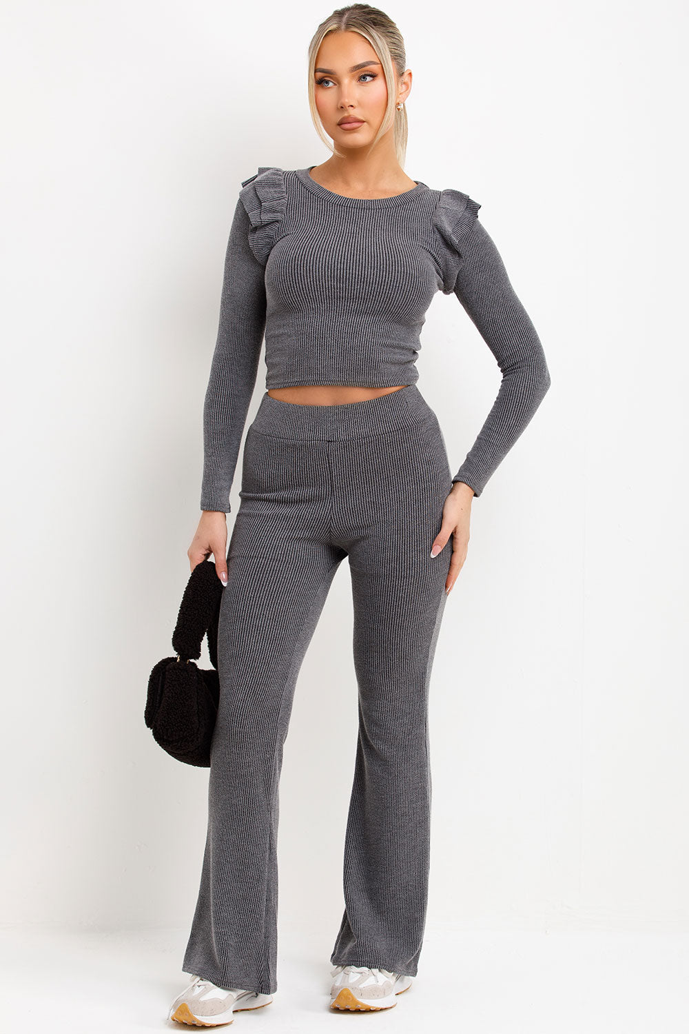 Ribbed Long Sleeve Frill Shoulder Top Skinny Fla | Xtralitty