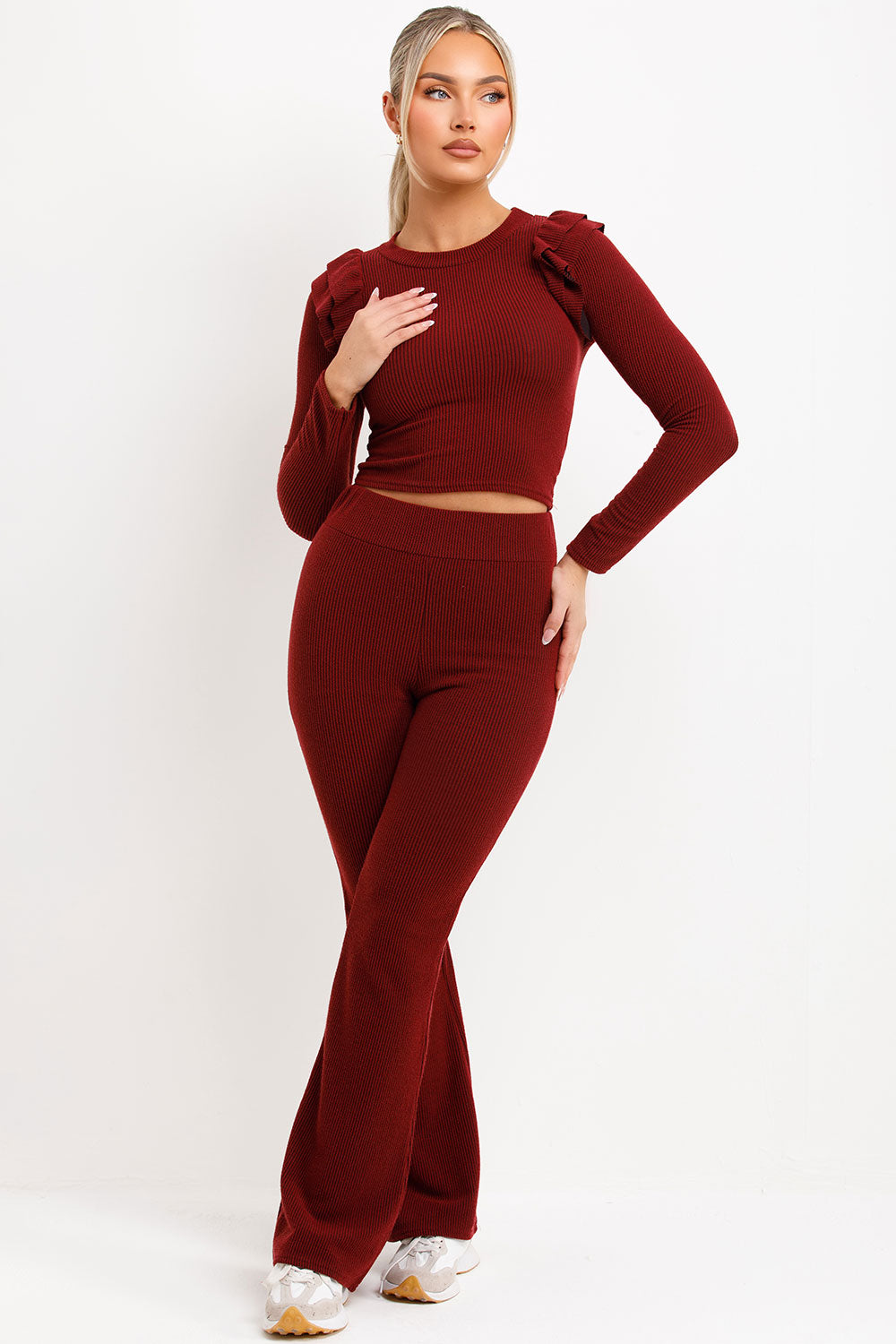 Ribbed Long Sleeve Frill Shoulder Top Skinny Fla | Xtralitty