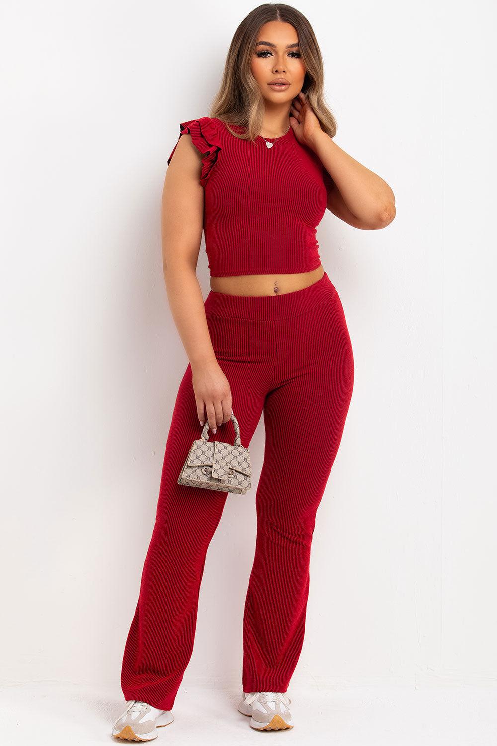 Frill Shoulder Top and Skinny Flare Trouser Set | Xtralitty