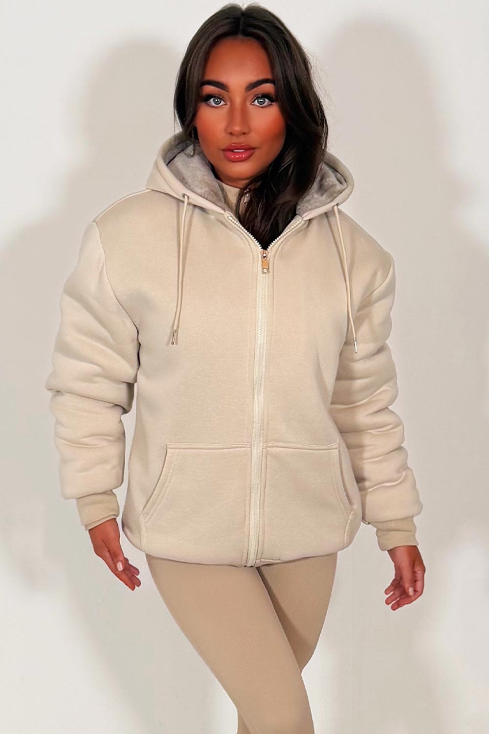 Faux Fur Lined Zip Up Hoodie Beige | Xtralitty