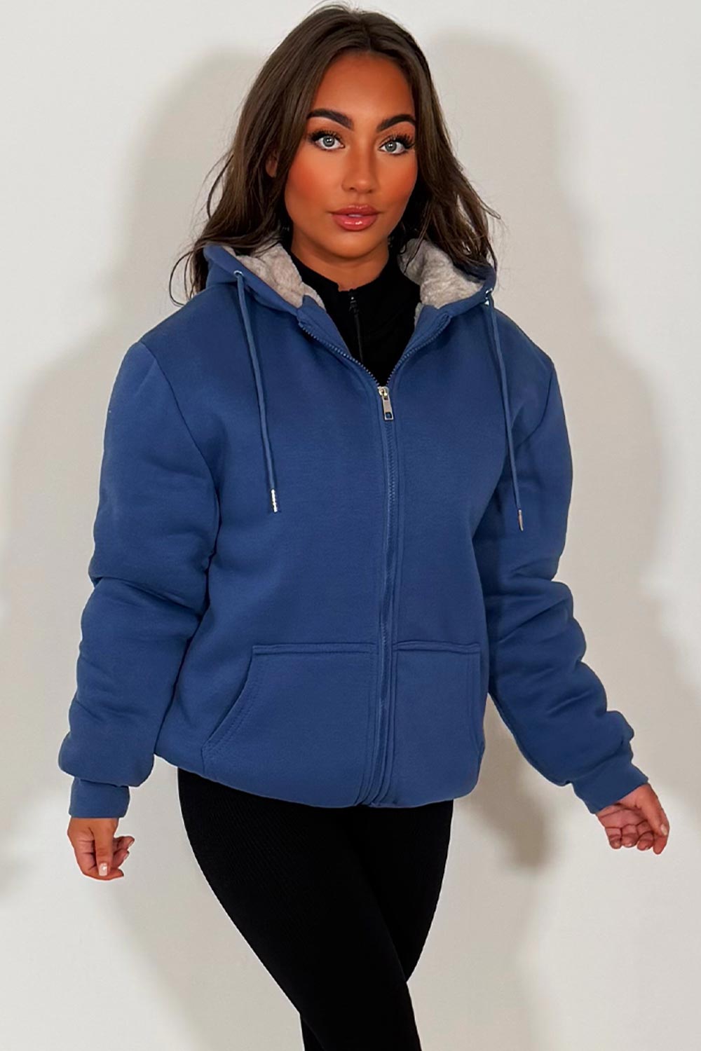 Faux Fur Lined Zip Up Hoodie Navy Blue | Xtralitty