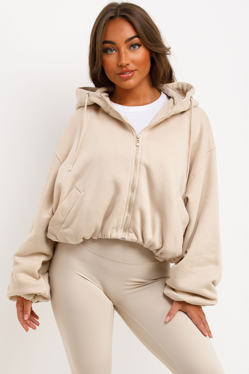 Hooded Jacket with Elastic Hem Beige | Xtralitty