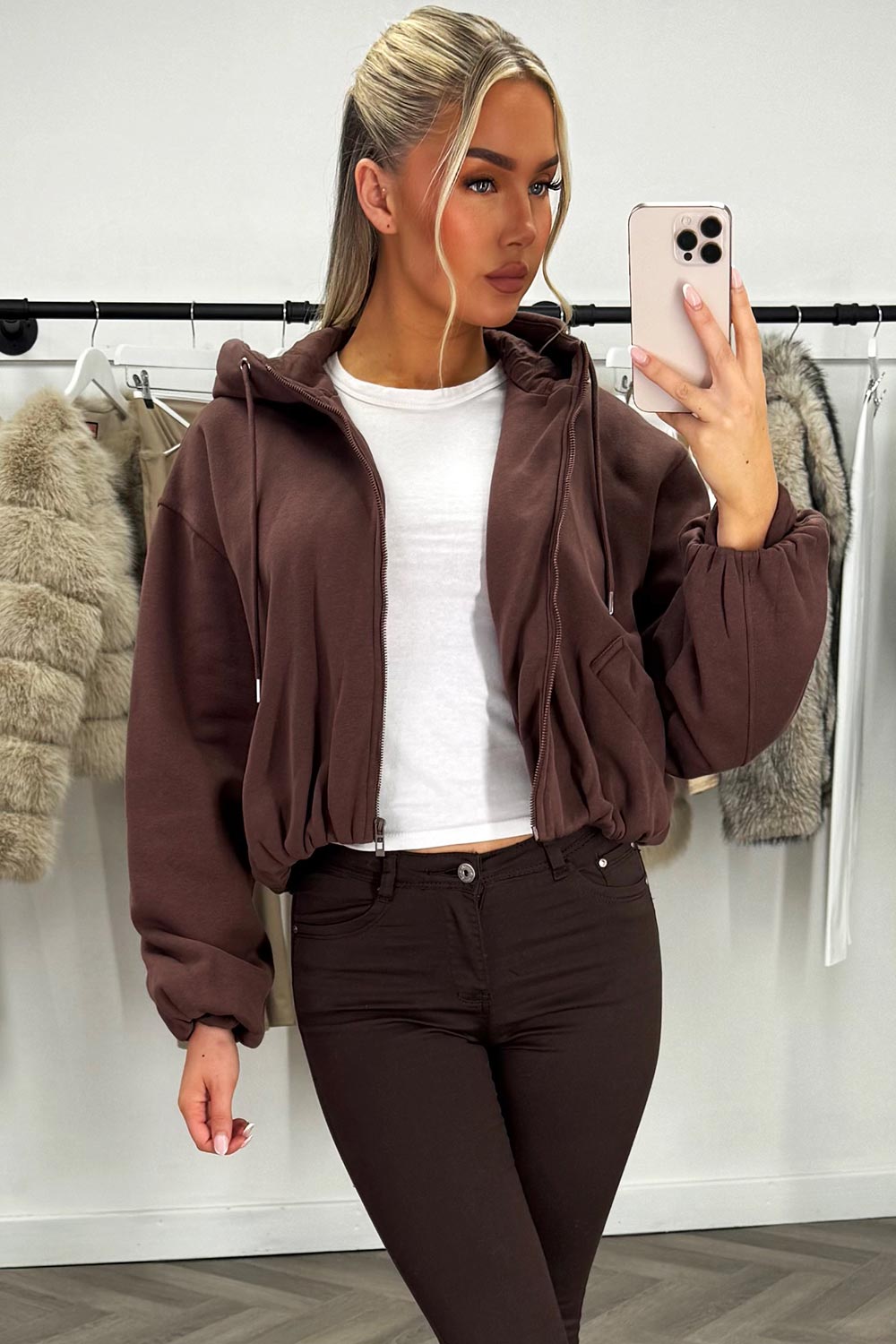 Hooded Jacket with Elastic Hem Brown | Xtralitty