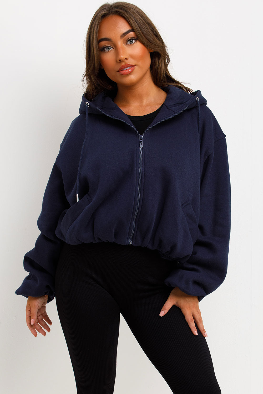 Hooded Jacket with Elastic Hem Navy | Xtralitty