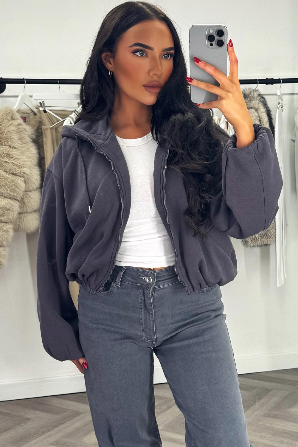 Hooded Jacket with Elastic Hem Charcoal | Xtralitty