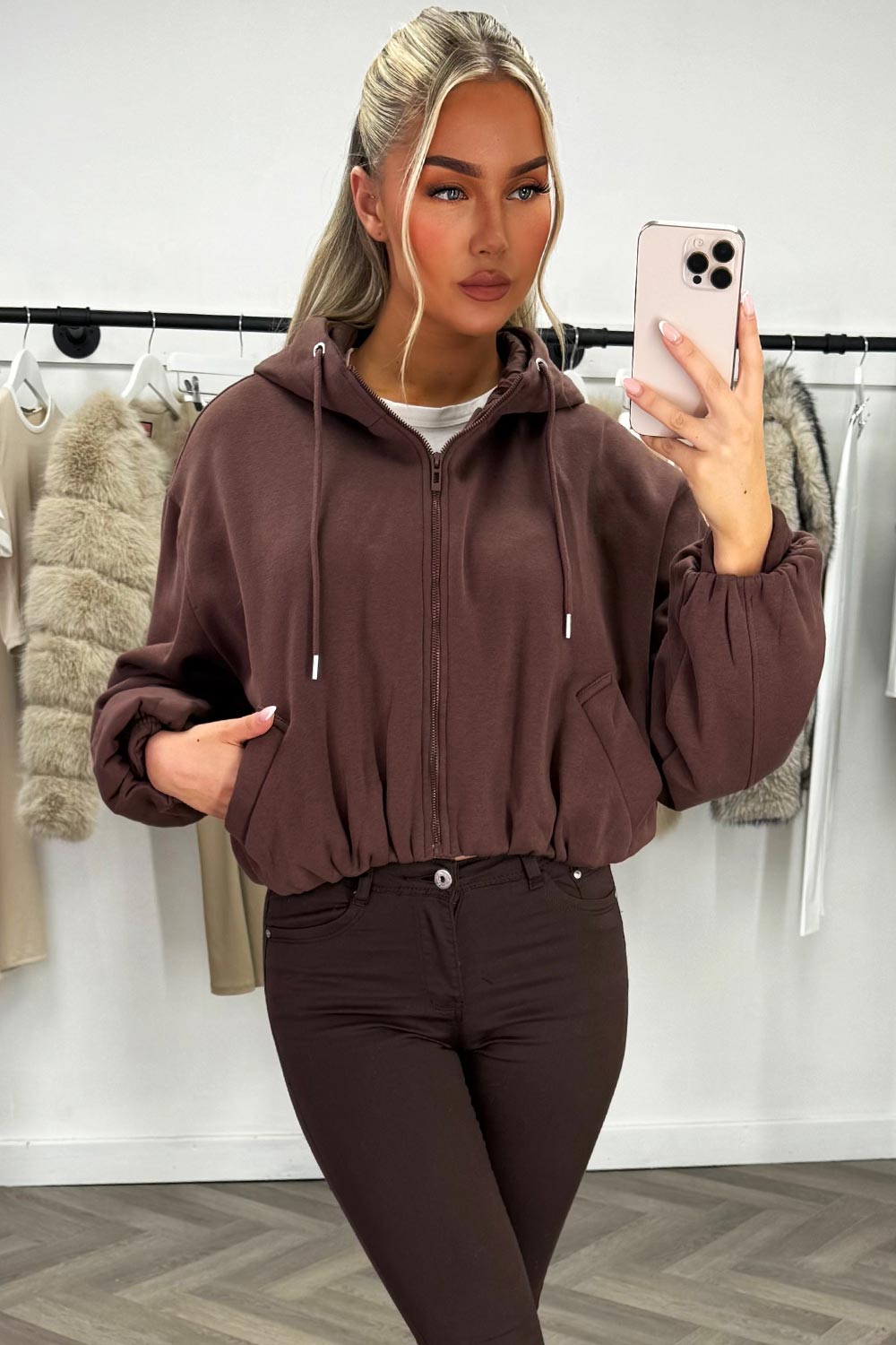 Hooded Jacket with Elastic Hem Brown | Xtralitty