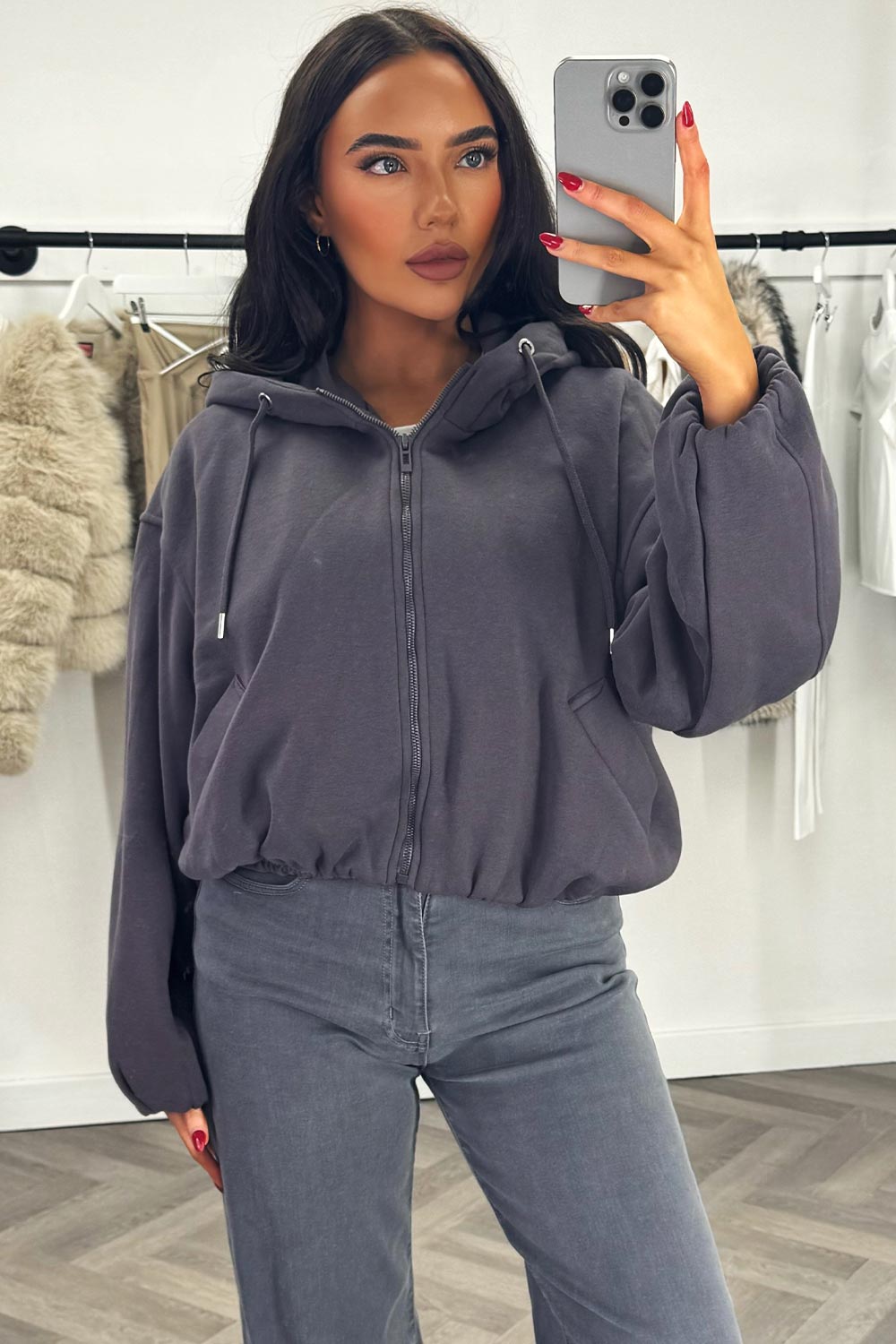 Hooded Jacket with Elastic Hem Charcoal | Xtralitty