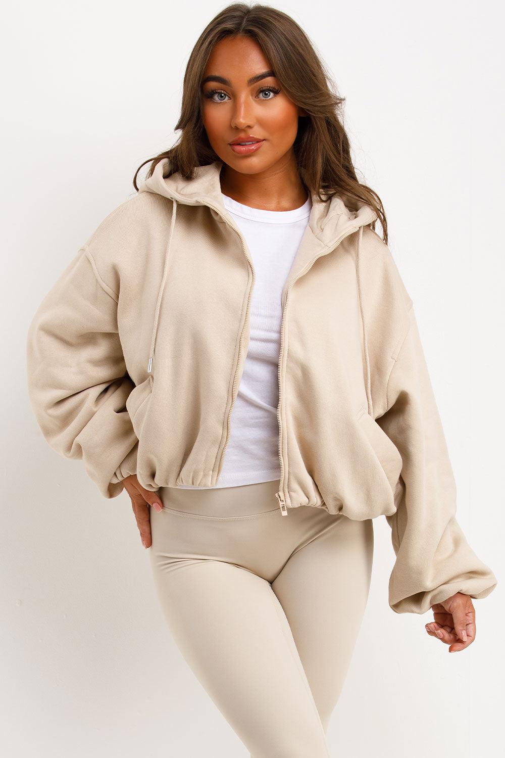 Hooded Jacket with Elastic Hem Beige | Xtralitty