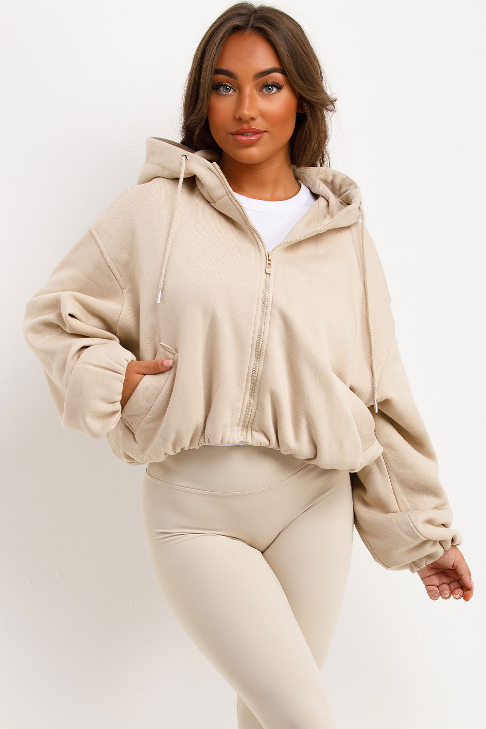 Hooded Jacket with Elastic Hem Beige | Xtralitty