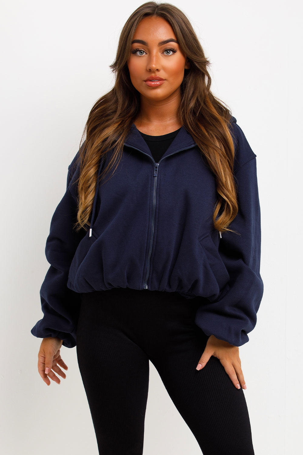 Hooded Jacket with Elastic Hem Navy | Xtralitty