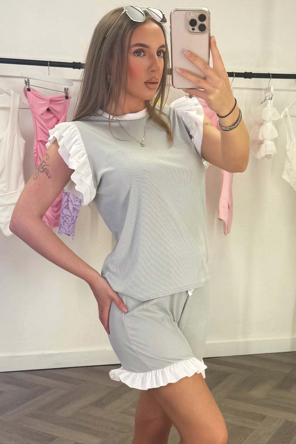 Shorts and Top Set with Ruffle Frill Detail Grey | Xtralitty