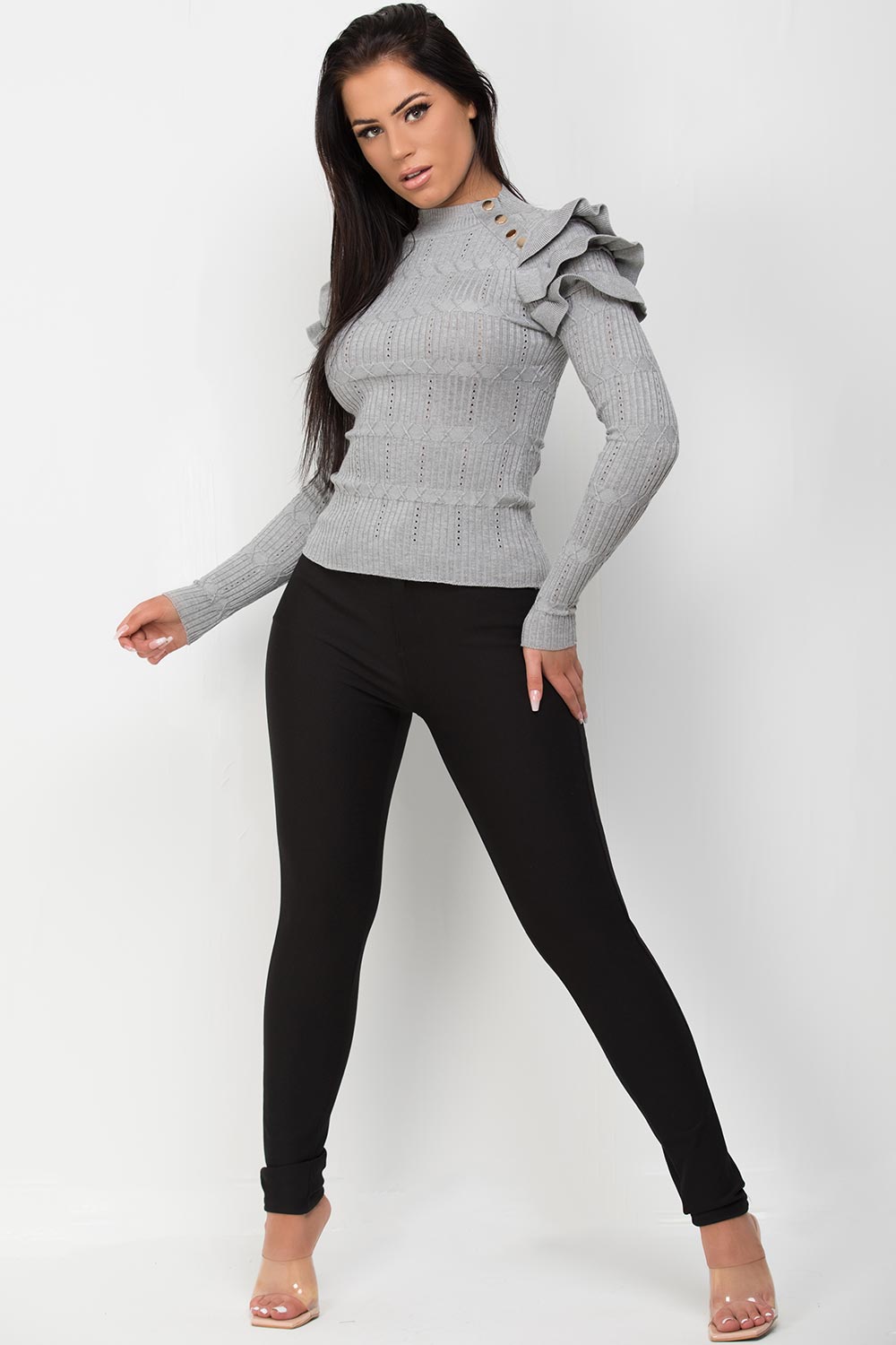 Gold Button Frill Shoulder Knitted Top Grey | Xtralitty