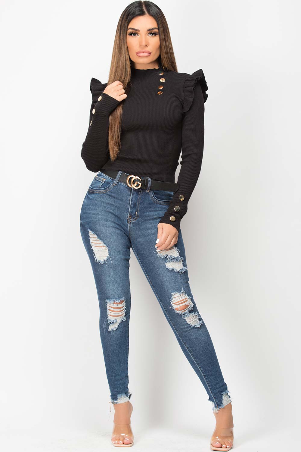 Black Rib Knit Jumper with Frill Gold Button Det | Xtralitty