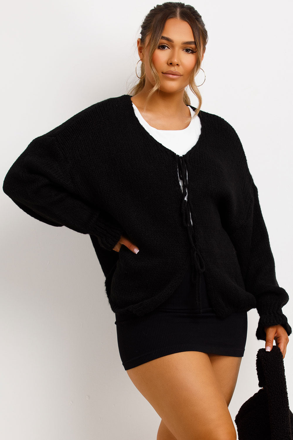 Black Knitted Cardigan with Tie Front | Xtralitty