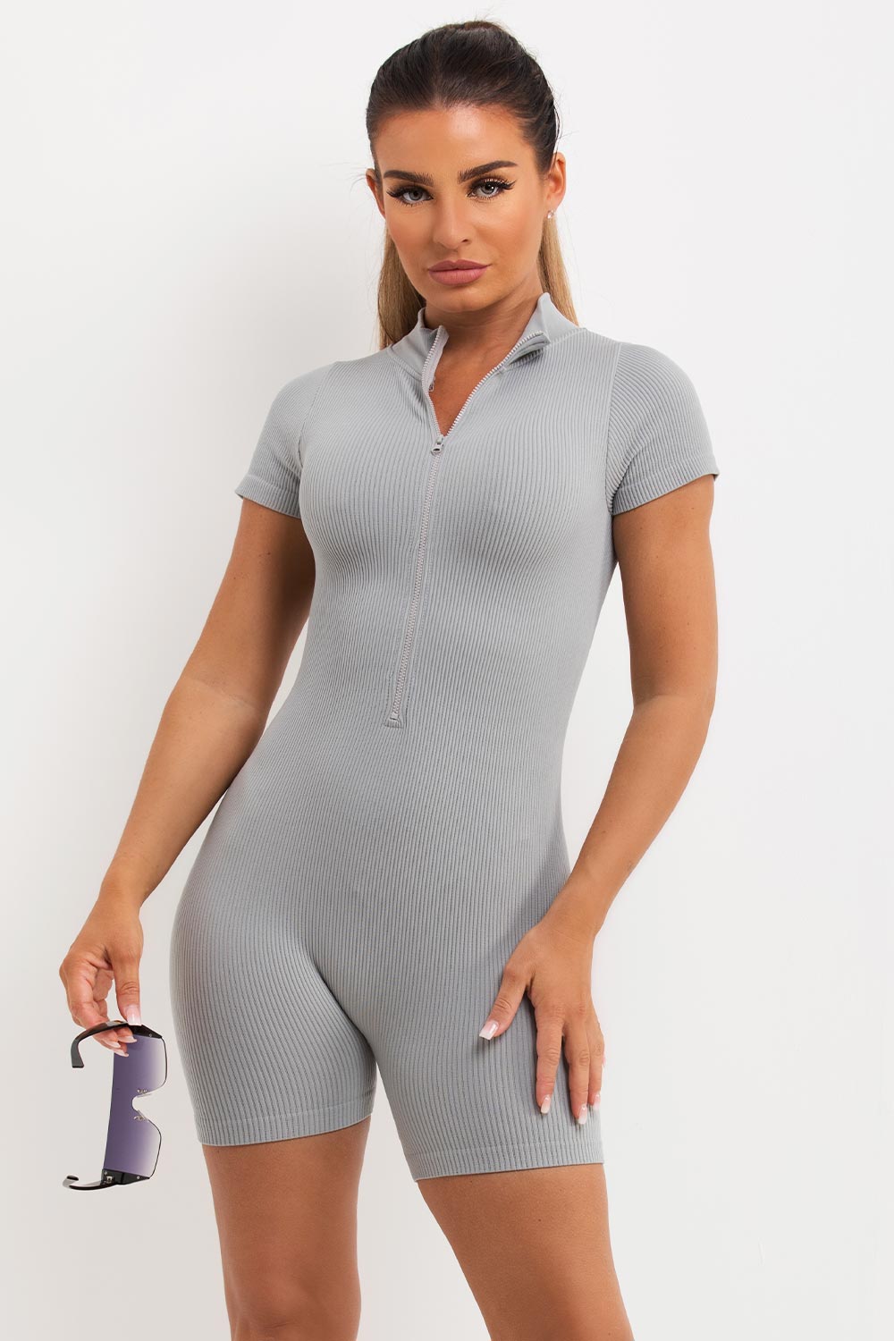 Unitard with Zip Front Shorts Sleeves Grey | Xtralitty