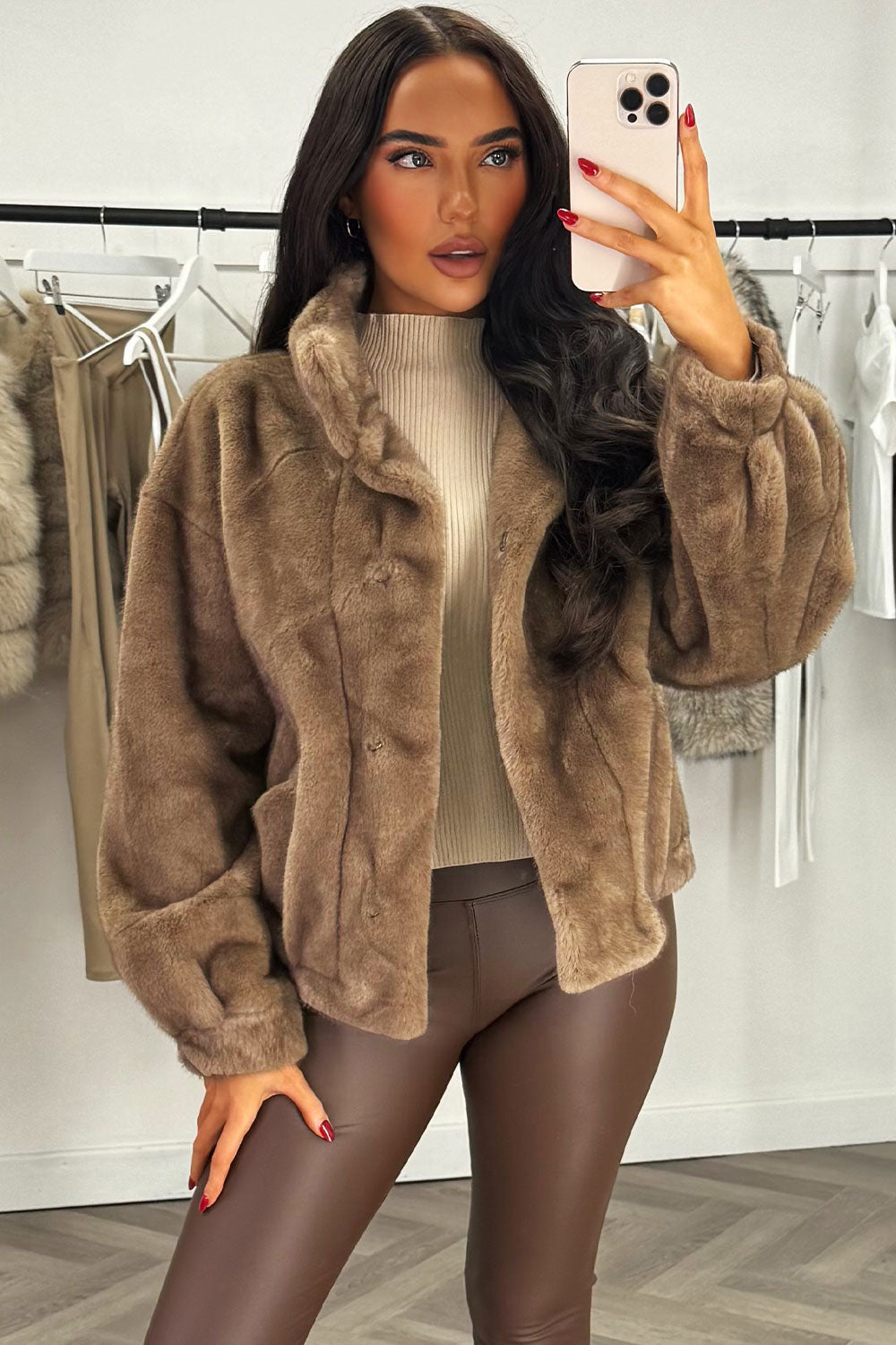 Funnel Neck Faux Fur Jacket Tan | Xtralitty
