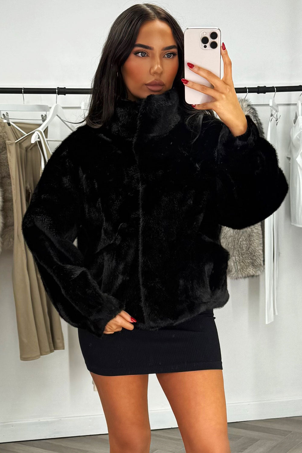 Funnel Neck Faux Fur Jacket Black | Xtralitty