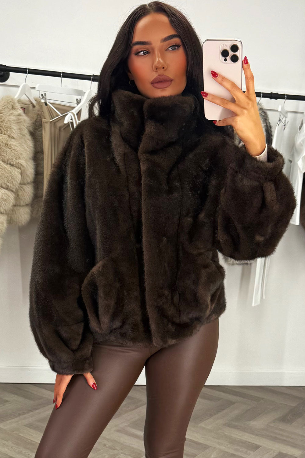 Funnel Neck Faux Fur Jacket Brown | Xtralitty
