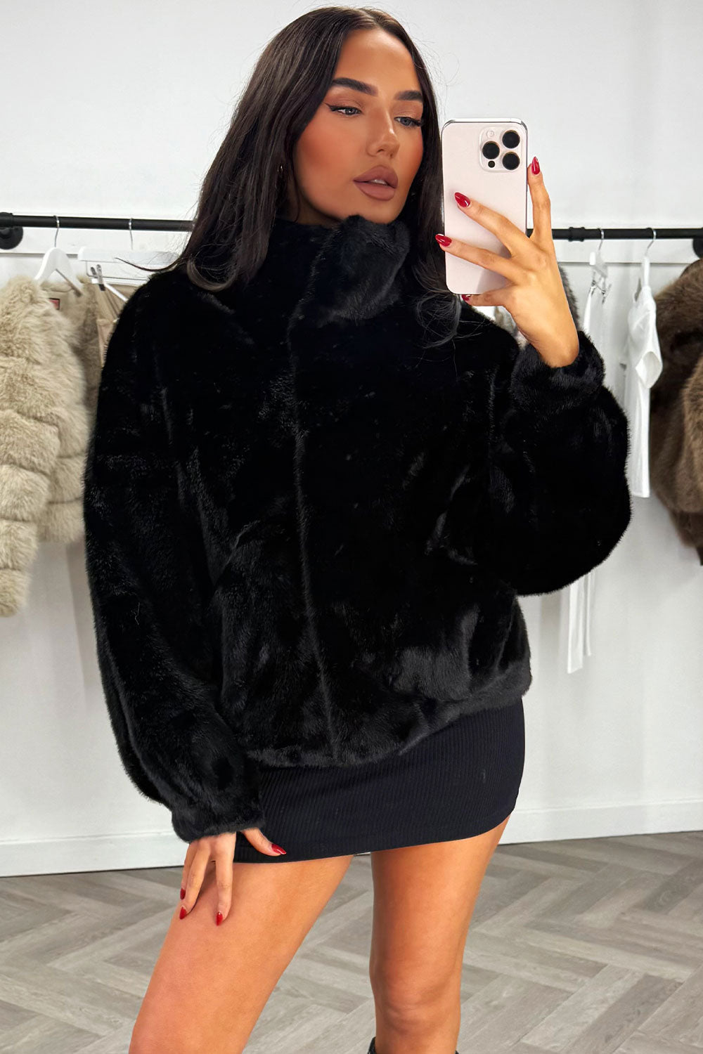 Funnel Neck Faux Fur Jacket Black | Xtralitty
