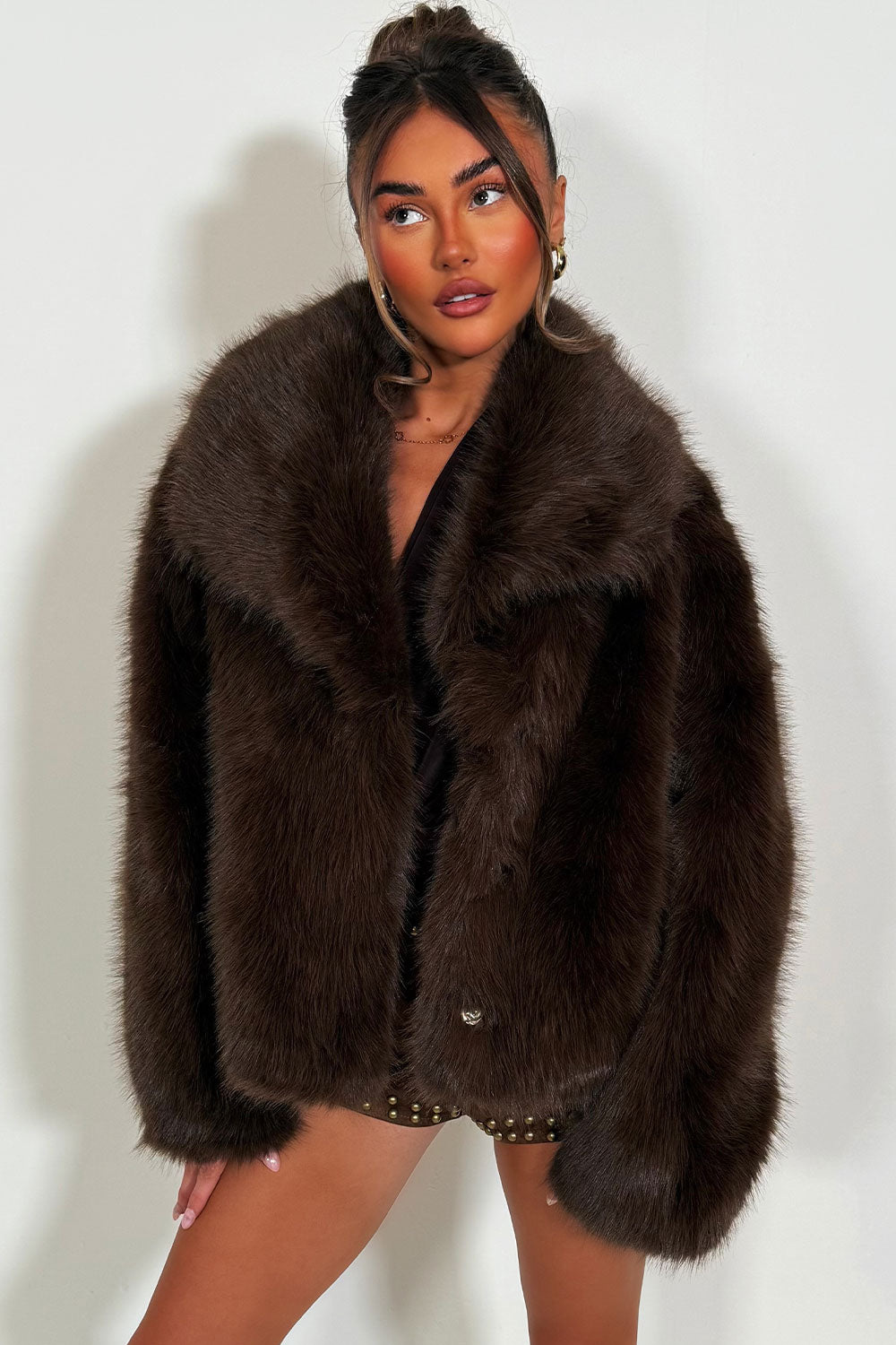 Brown Faux Fur Jacket Collared | Xtralitty