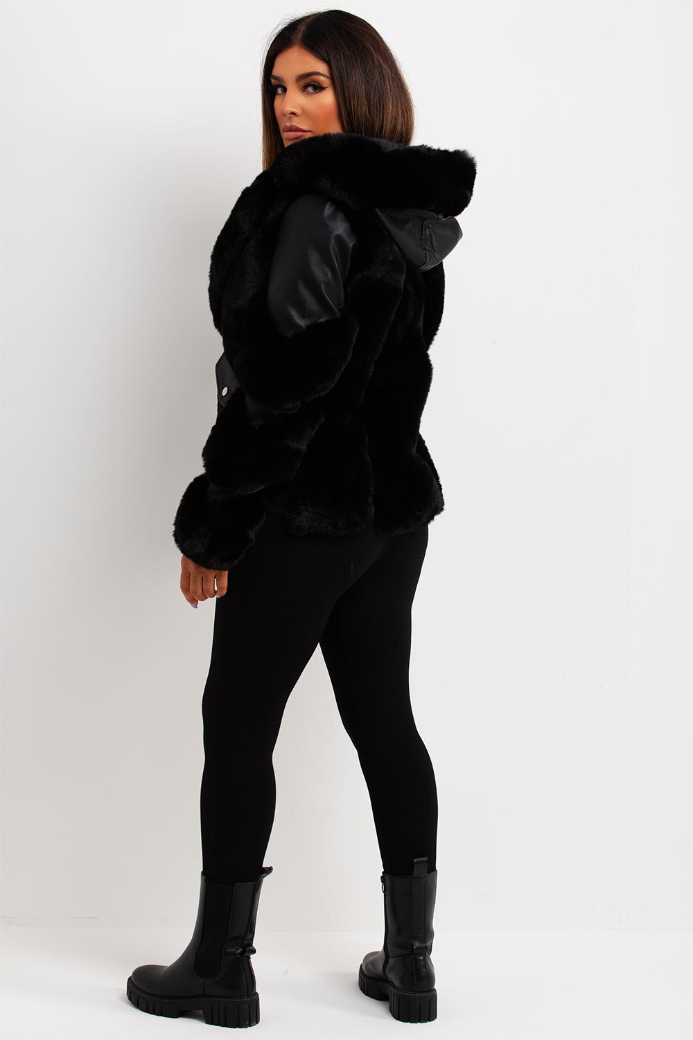 Faux Fur Lined Faux Leather Aviator Jacket Black | Xtralitty