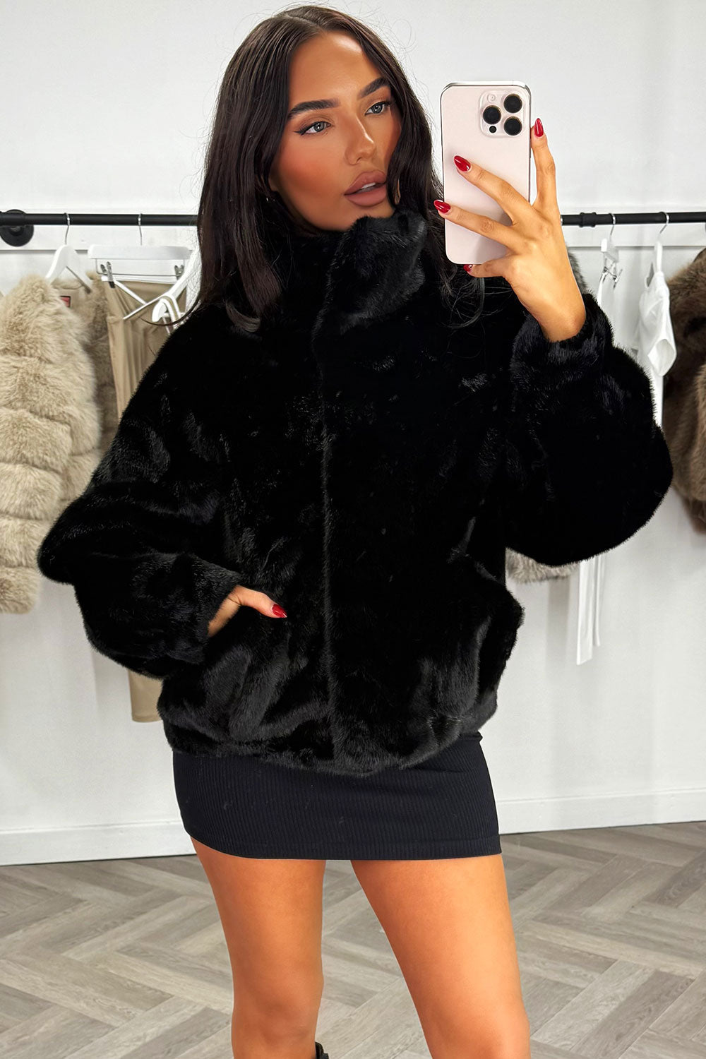 Funnel Neck Faux Fur Jacket Black | Xtralitty