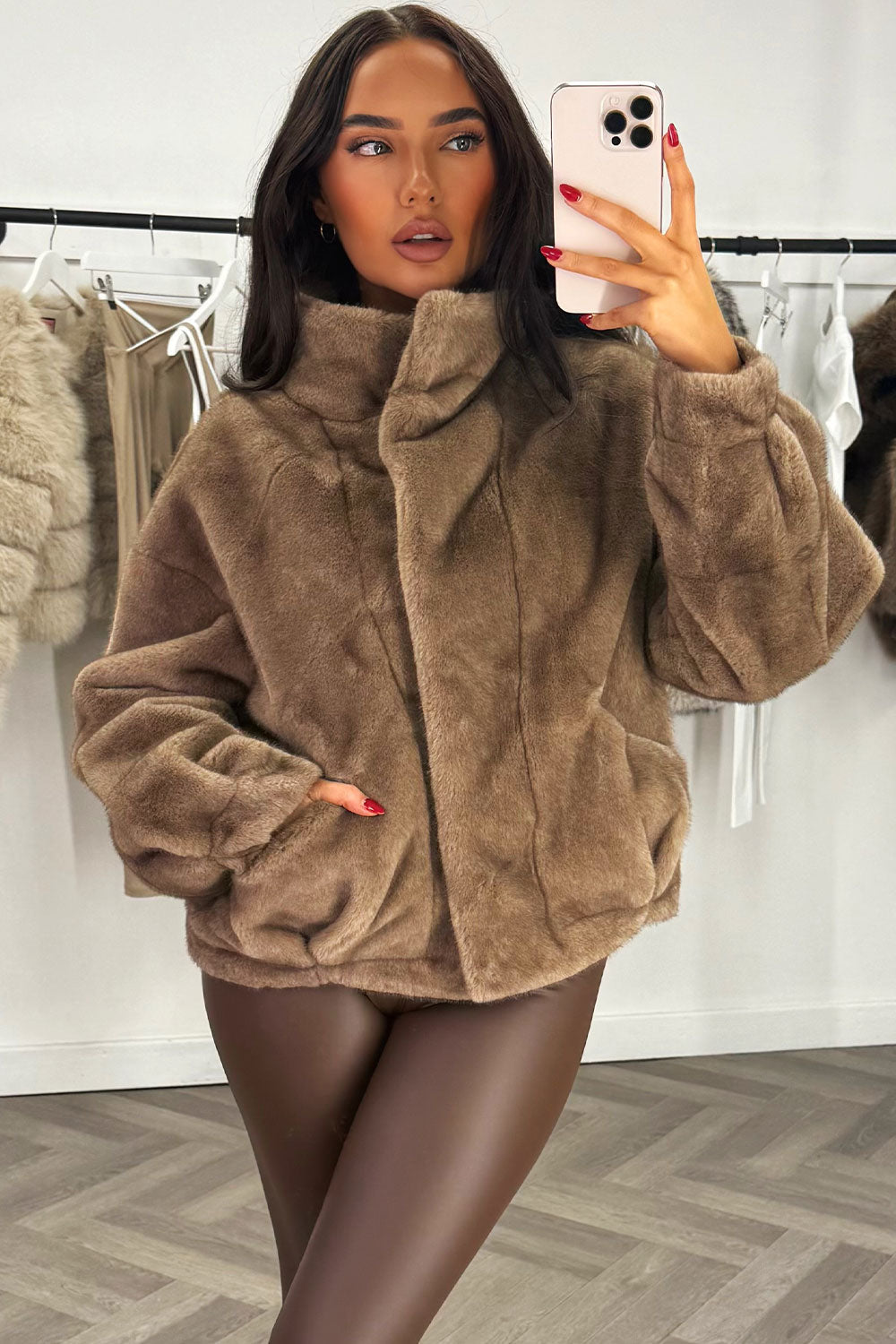 Funnel Neck Faux Fur Jacket Tan | Xtralitty